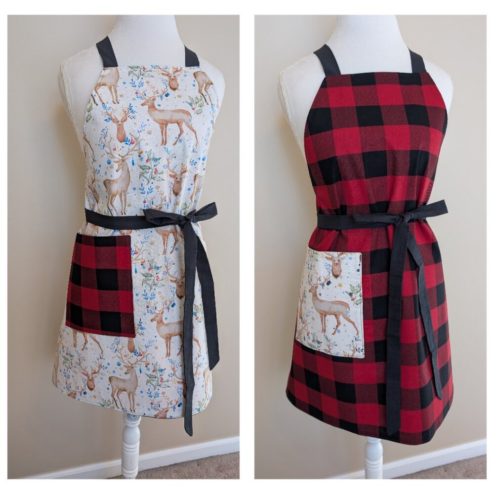 NWT Handmade Reversible Apron - Christmas deer and buffalo plaid One Size - OOAK